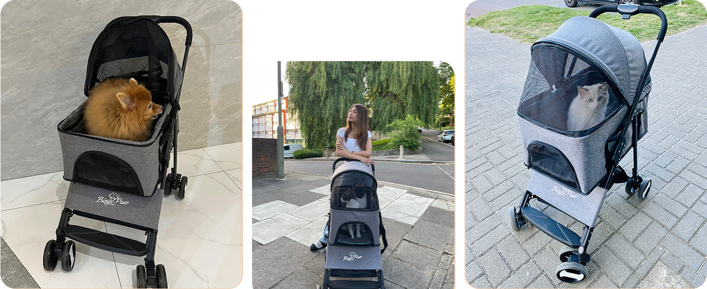 Pet Dog Stroller Foldable Travel Carrier Strolling Cart Cat Dog Pushchair Jogger Dog Pram Cat Buggy with 4 Wheels and Rain Cover