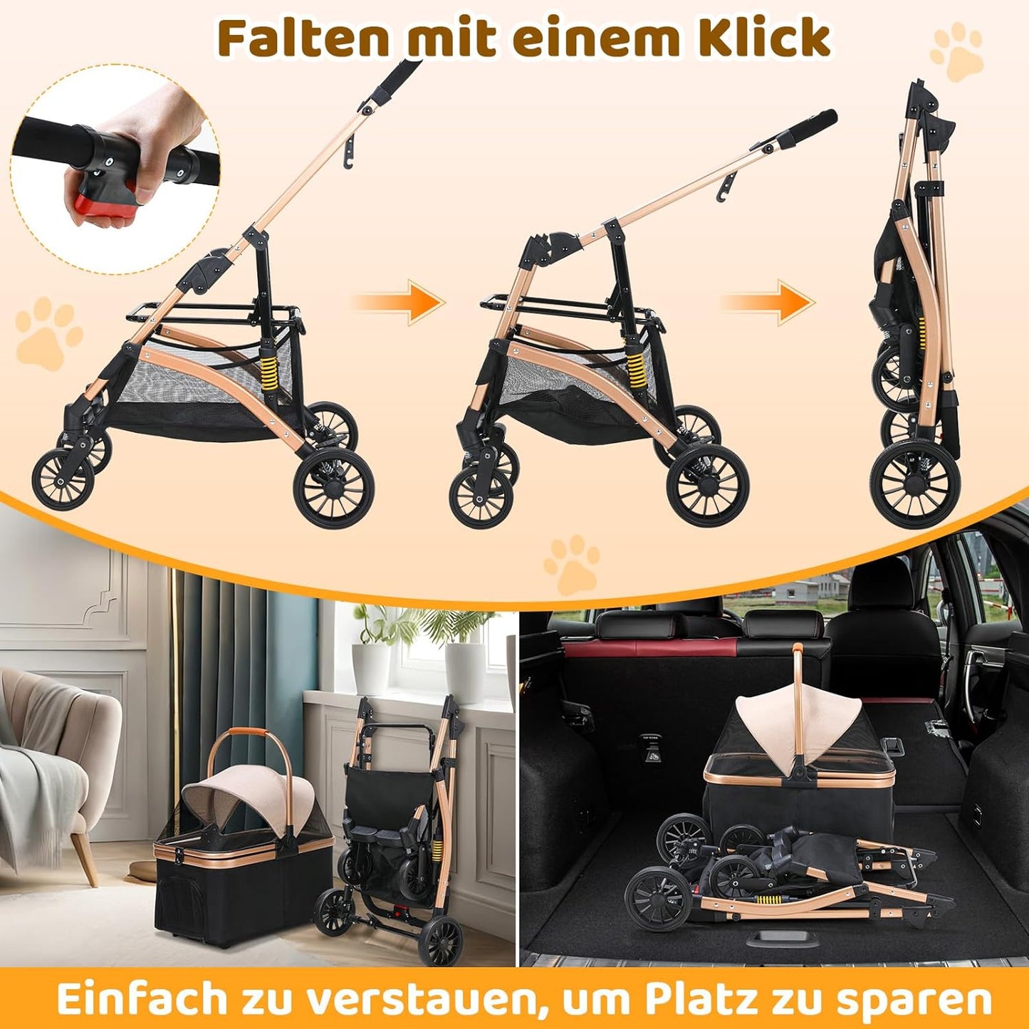 Dog Buggy 2 in 1 Stroller Dog Box Transport Foldable Cat Stroller, 360° Wear-resistant Rubber Wheels, with Storage Basket