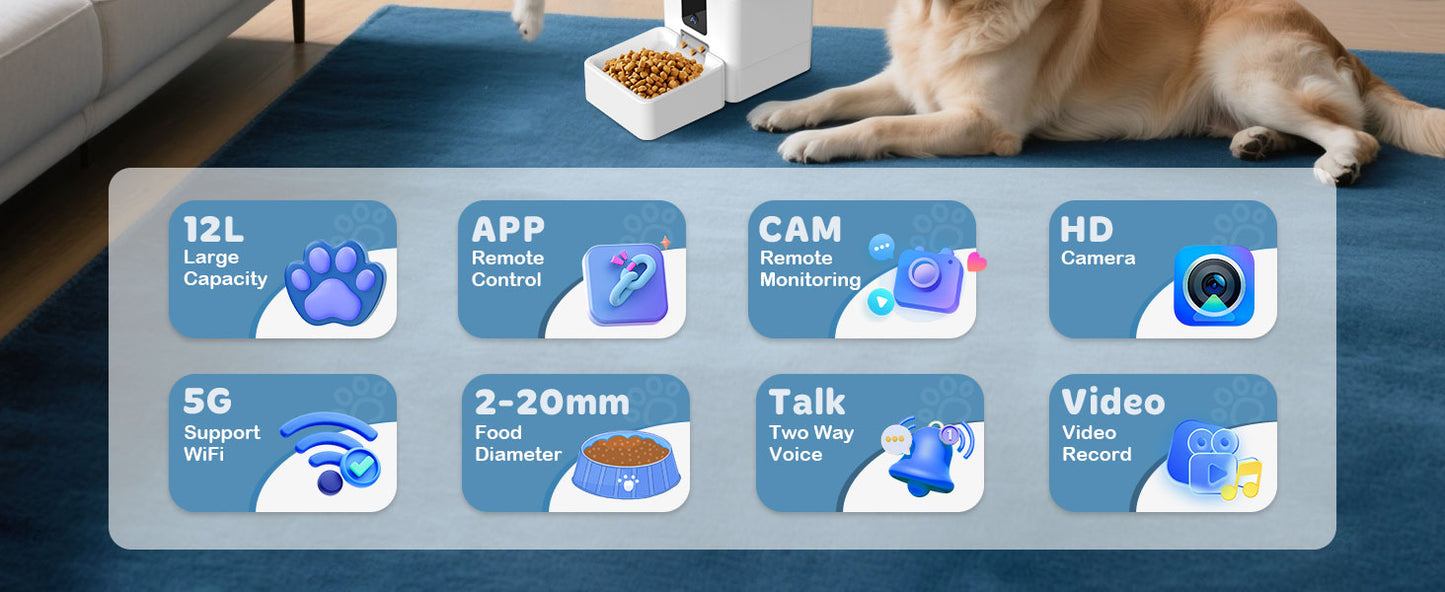 Automatic Dog Feeder Breed with Camera - 12L/50 Cups 5G WiFi App Control Dog Food Dispenser, , HD 1080P Video with Night Vision