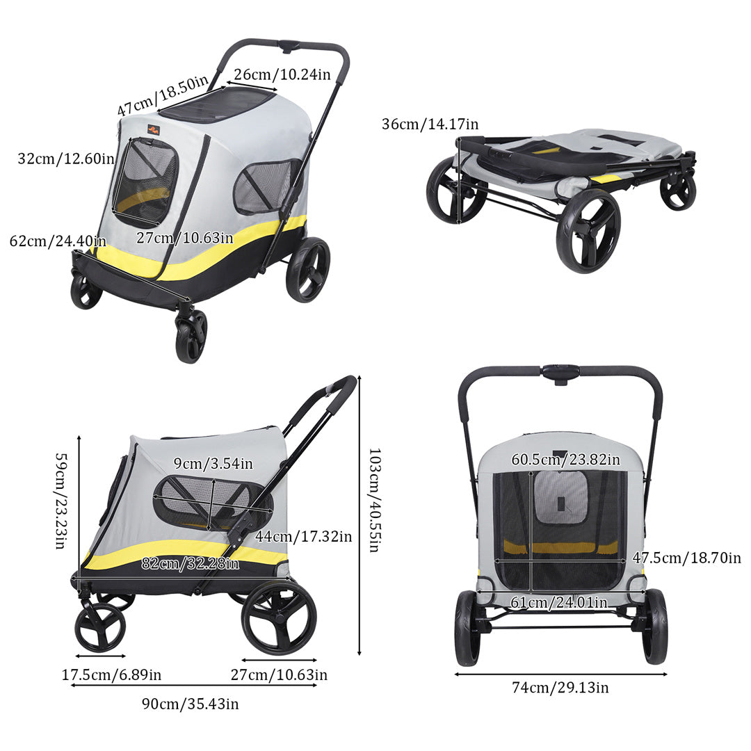 Foldable Dog Stroller with 4 Heavy Wheels Portable Universal Pet Travel Stroller for Small to Large Dogs, Rainproof Cover